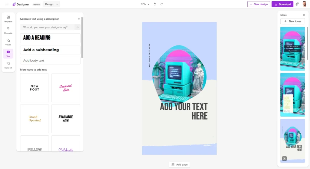 Microsoft designer tekst